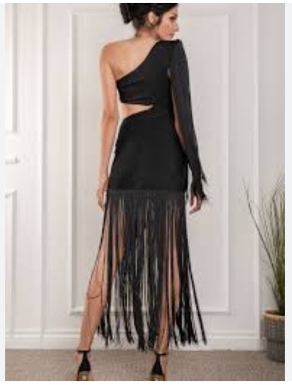 NWT Rosevelvet One Shoulder Fringe Dress Shimmer Asymmetric Cut out sz S